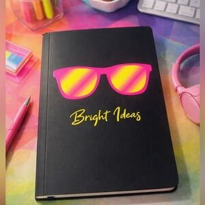 Black Notebook with Pink and Yellow Sunglasses Design Neon Pink and yellow